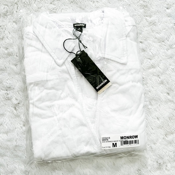 NWT- MONROW x Revolve Shirred Waist Shirt Dress in white - Picture 5 of 14